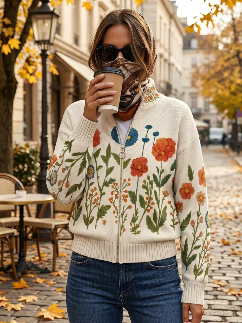 Ilaria | Cardigan con zip e motivo prato fiorito