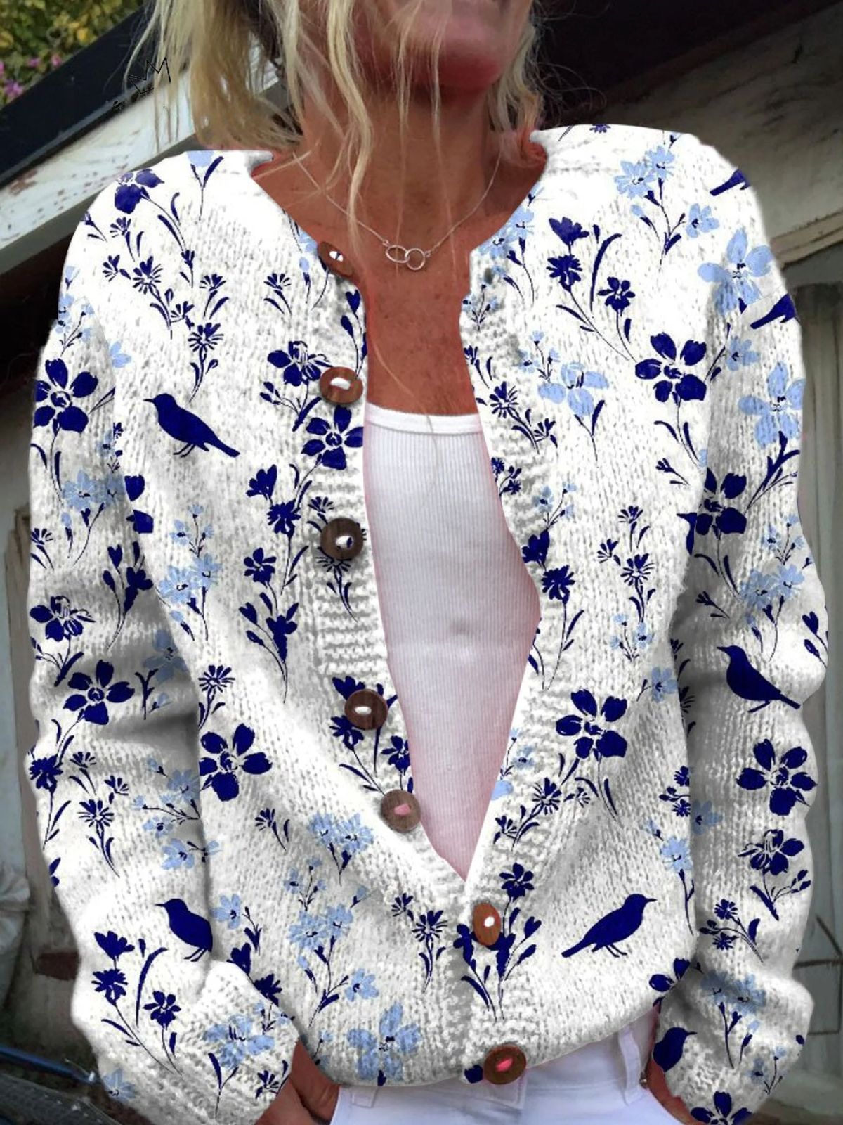 Vynora | Cardigan in maglia con bottoni e stampa vintage di fiori e uccelli