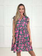 Dear Scarlett Emerald Blossom Tiered Flutter Sleeve Dress