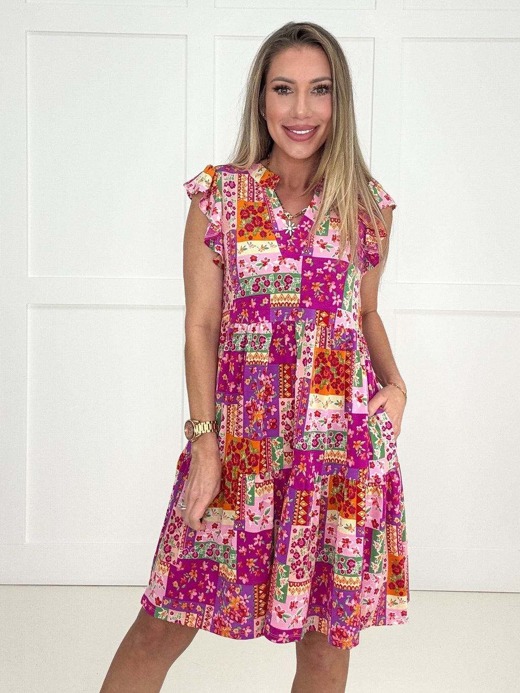 Dear Scarlett Patchwork Tiered Flutter Sleeve Dress