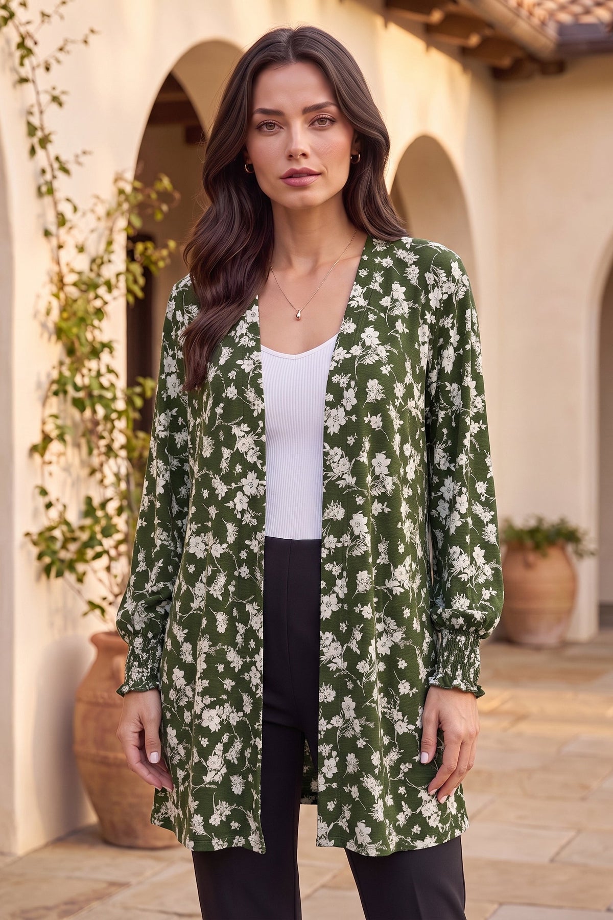 Dear Scarlett Olive Blossom Smocked Sleeve Cardigan