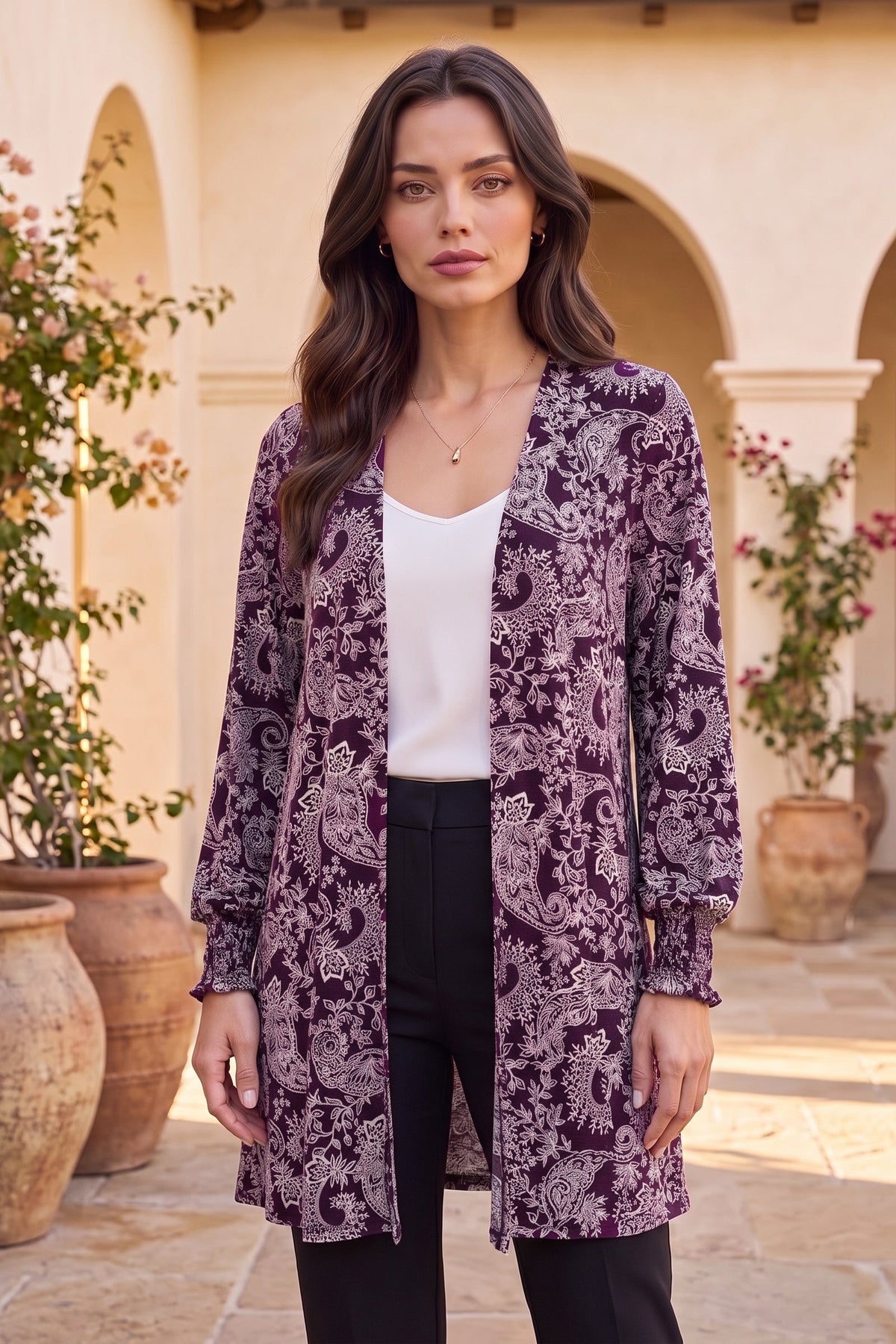 Dear Scarlett Plum Paisley Smocked Sleeve Cardigan