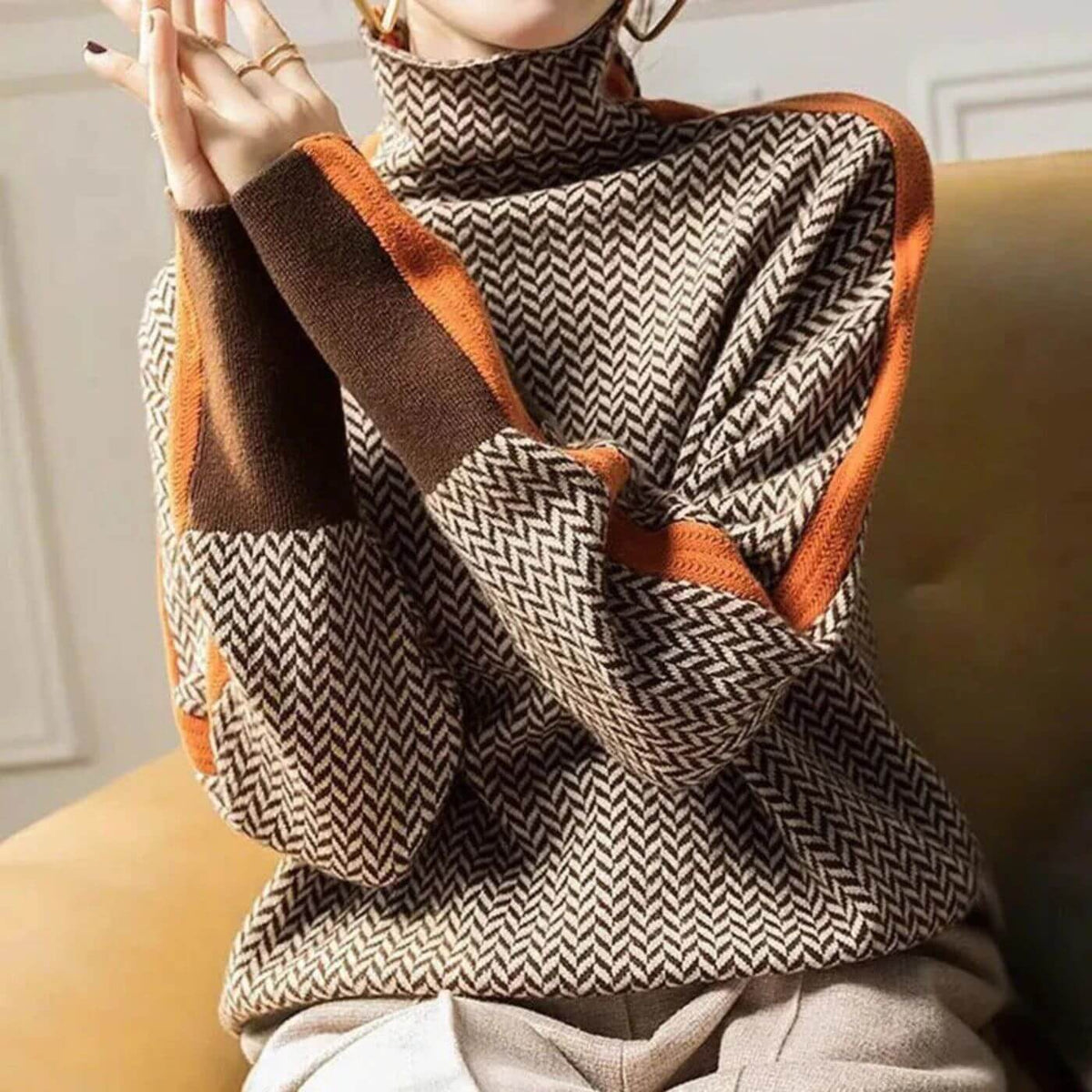 Hazel | Maglione a collo alto con motivo a spina di pesce