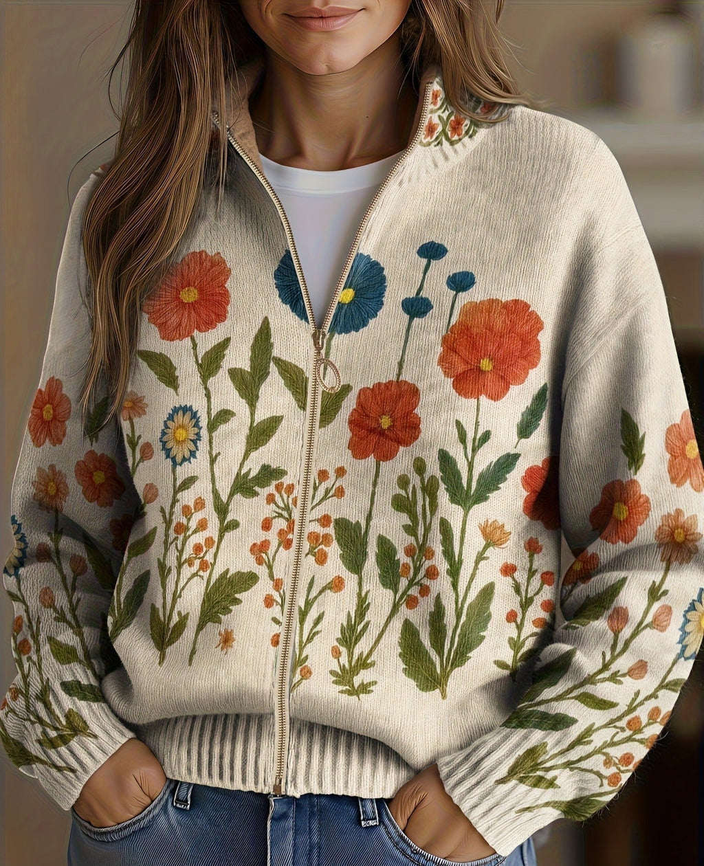 Ilaria | Cardigan con zip e motivo prato fiorito